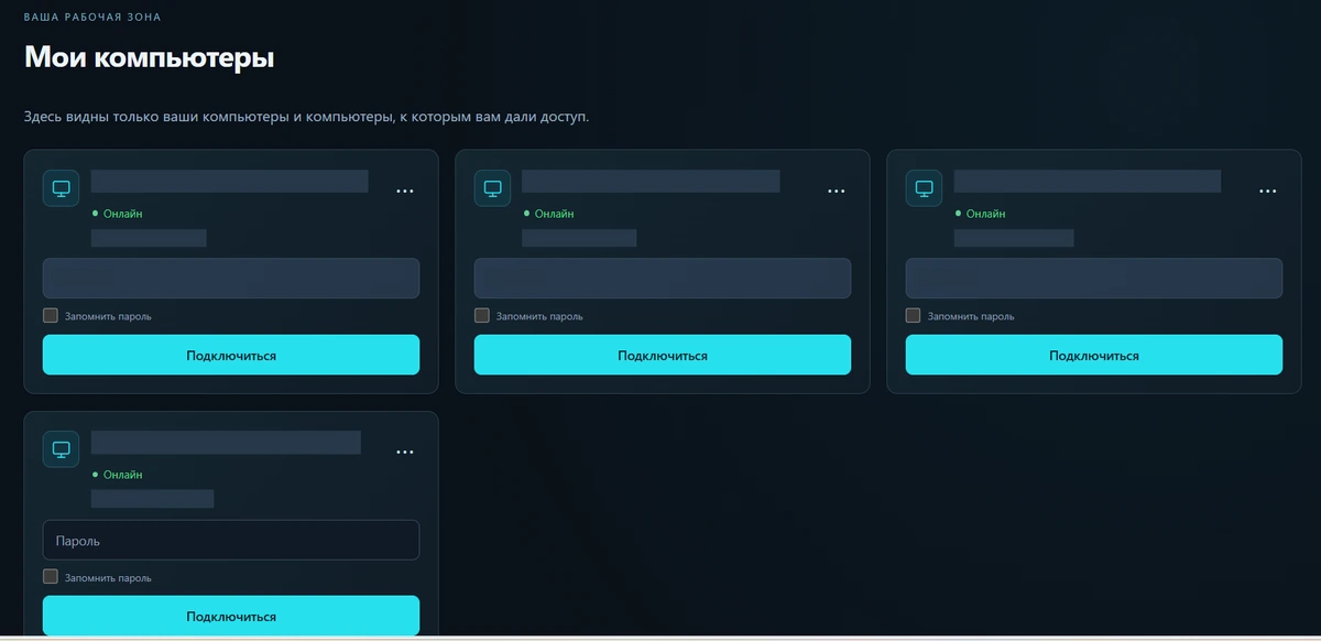 Мои компьютеры — реальный интерфейс RemoteDesk; чувствительные области закрыты
