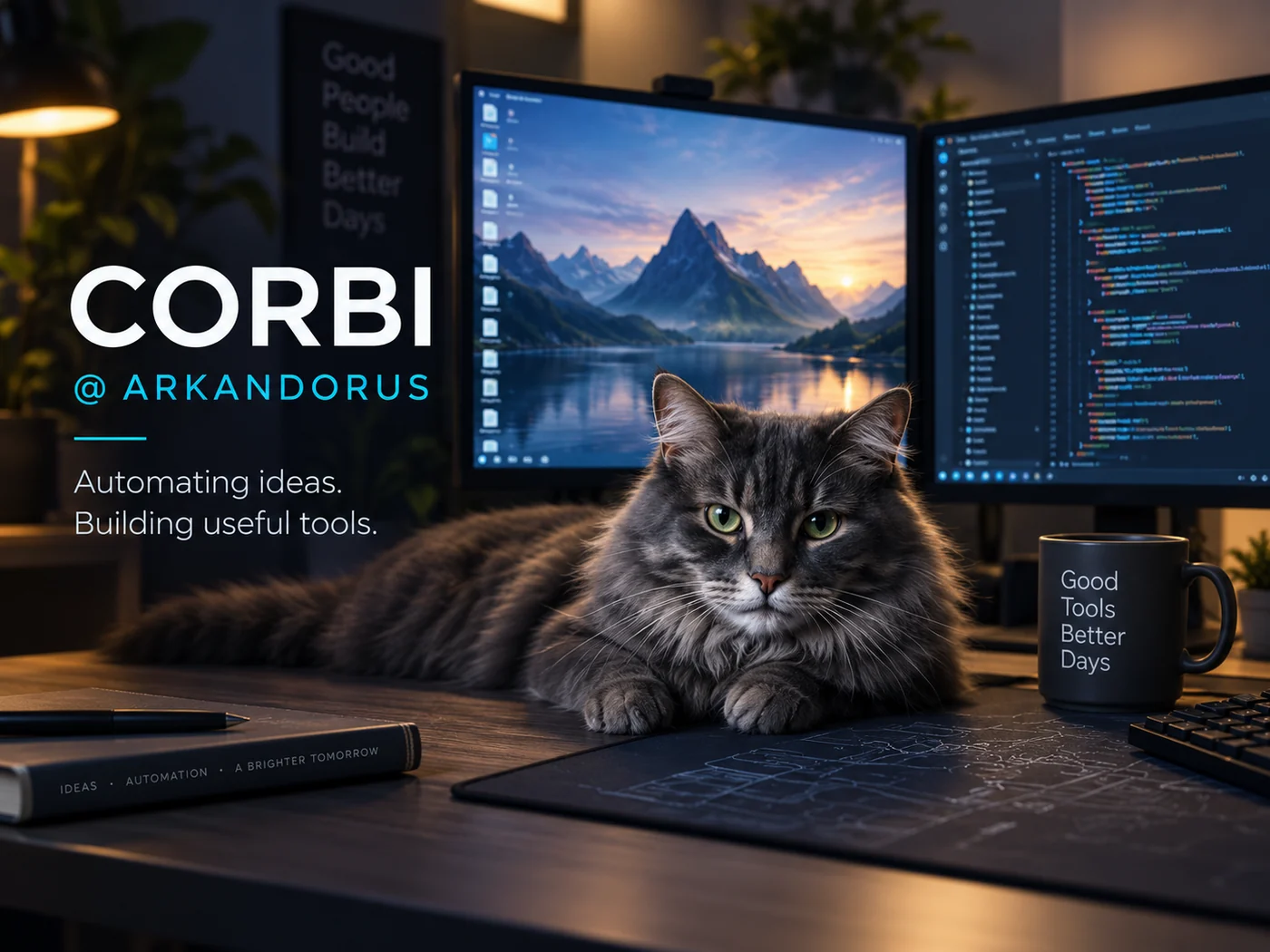 Рабочее место разработчика: два монитора, VS Code на правом экране и кот на столе.
